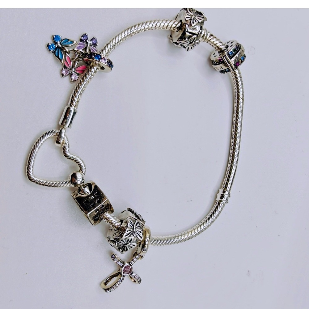 S925 Sterling Silver Charm Bracelet Heart Clasp Butterfly Cross Family Faith